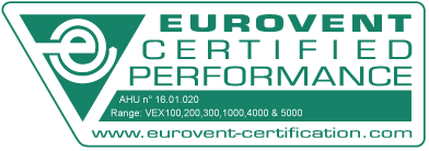 MEKANISK YDEEVNE: I henhold til DS/EN 1886 og certificeret af Eurovent
> Kabinet styrke: D2 (M)
> Tæthed (-400Pa / +700Pa): L1/L2 (M)
> Filter bypass lækage: F9 ved under- og overtryk
> Termisk faktor (T): T2 (M)
> TB faktor: TB2
> Korossionskategori: C5